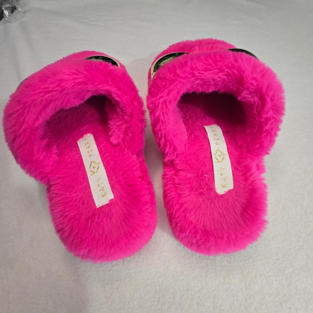 Katy Perry Fuzzy Gold Bow Slide Slippers Hot Pink Cozy Glam Womens Medium (8-9) - Picture 4 of 11